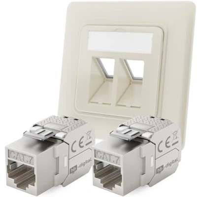 Immagine di hb digital presa di rete a 2 porte CAT 7 da incasso RAL9010 + X Keystone RJ45 modulo LAN Ethernet per 5e 6 6a max. 10 Gbps STP bianco puro