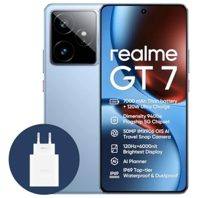 Immagine di realme GT7 5G Smartphone,12+256GB,Batteria 7000mAh,120W charge,Processore Dimensity 9400e, Fotocamera IMX906 50MP, AI Planner, Display Pro Esports da 6000 nit 120Hz,IP69,Blu, esclusiva Amazon, GT 7