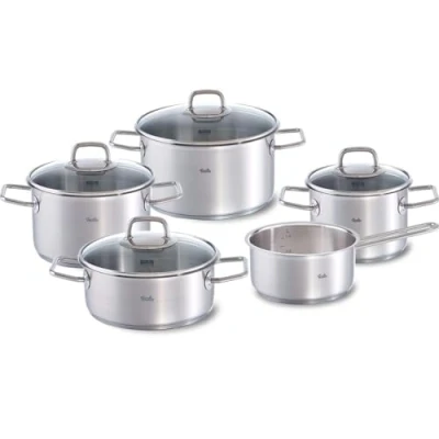 Immagine di Fissler Viseo Set di pentole in acciaio inox, 5 pezzi, con coperchio vetro, per cottura a induzione e tutti i tipi fornelli, 3 pentole, 1 rostiera, tegame senza