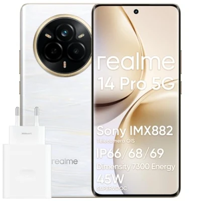 Immagine di realme 14 Pro 5G Smartphone, 8 + 256GB, Cellulare, Design che Cambia Colore Sensibile al Freddo, IP69, 50 MP Sony IMX882 OIS Fotocamera, Display 120Hz, Batteria da 5260 mAh, Bianco(Con Adattatore)