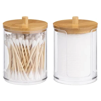 Immagine di Navaris Porta Dischetti Struccanti Cotton Fioc 2x Portadischetti Trucco Contenitore Batuffoli Cotone Organizer Bagno Trasparente Coperchio Legno Bambù