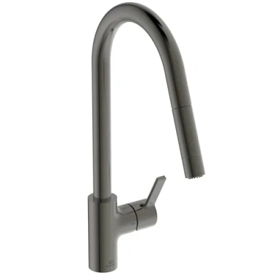 Immagine di Ideal Standard Gusto, Miscelatore monocomando per lavello da cucina, Bocca alta tubolare con doccetta orientabile ed estraibile a due funzioni, Magnetic Grey