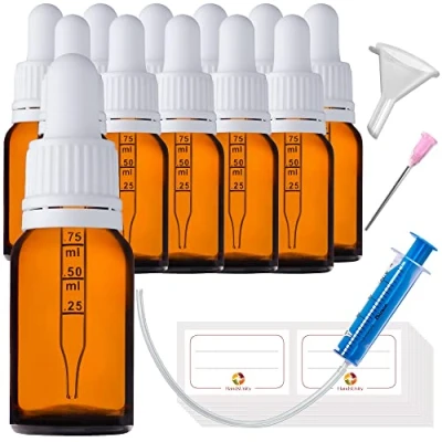 Immagine di HandsUnity 10ml 12pz Bottiglia Pipetta Piccola di Vetro set Vasetti da Farmacia in Ambrato con Tappo Bianco per include 29pcs Accessori Bottiglie Marrone