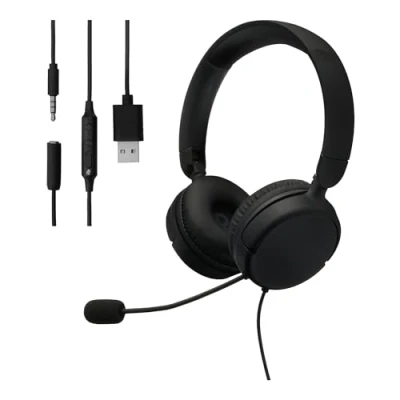 Immagine di Amazon Basics, Cuffie per computer cablate, con microfono, pieghevoli, taglia unica, nero