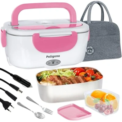 Immagine di Poligono Scaldavivande Elettrico Portatile con Borsa Termica, Lunch Box 1.5L Portavivande Termico Elettronico in Acciaio Inox, Porta Pranzo da Ufficio e Auto(55W 220V), Rosa