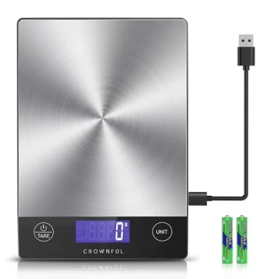 Immagine di CROWNFUL bilancia da cucina ricaricabile per alimenti, digitale 15 kg, peso grammi e once cuocere cuocere, ricarica di tipo C, display LCD, acciaio inossidabile 304