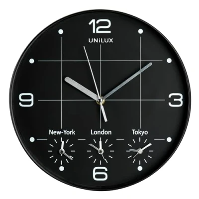 Immagine di Unilux 400094567 Orologio da Parete On Time 4 Differenti Fusi Orari, Nero Con Lancette Bianche
