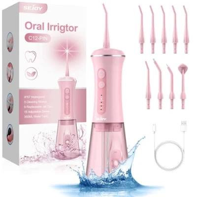Immagine di 350 ml, irrigatore orale senza fili 2024, detergente elettrico per denti Water Flosser, modalità fai da te, 5 e 9 ugelli, doccia dentale IPX7, impermeabile, vincitore del test