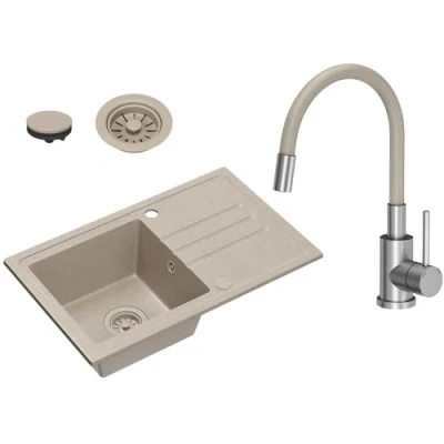 Immagine di VBChome lavello in granito beige con rubinetto, 70 x 44 cm, singolo da incasso screziato, reversibile, beige, sifone beccuccio flessibile