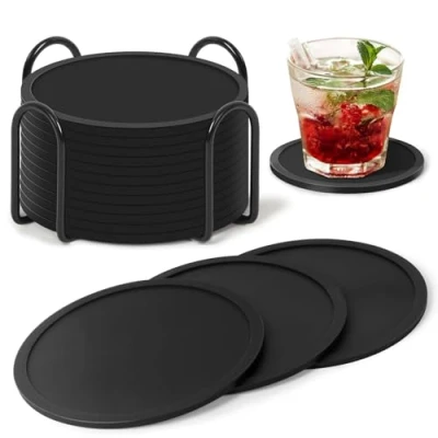 Immagine di Gotanc Sottobicchieri Silicone 12 Pezzi Rotondi Antiscivolo e Isolati, Nero Sottobicchiere Protezione per Birra Bottiglie, Tazze da Tè, Tazza Caffè