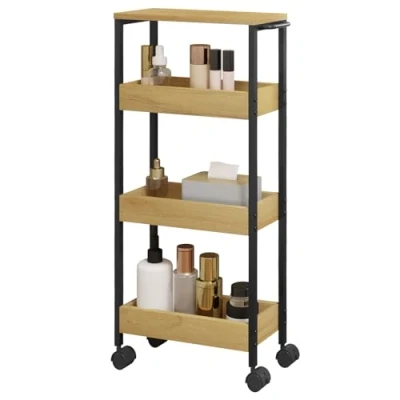 Immagine di EUGAD Carrello Portaoggetti, Scaffale con Ruote e 4 Ripiani, Carrellino Salvaspazio in Legno Metallo, per Bagno, Cucina, Lavanderia, Ufficio, 40x15x82cm, Rovere Chiaro