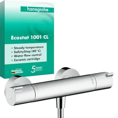 Immagine di hansgrohe Ecostat Miscelatore termostatico per doccia esterno, Rubinetto con blocco di sicurezza (SafetyStop) a 40 C, Termostato doccia, 1 utenza, cromo, 13211000