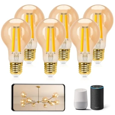 Immagine di Aigostar Lampadine WiFi Alexa E27 Smart Lampadina Edison LED A60 6W 806lm Retrò Dimmerabile 2700K 6500K bianco freddo caldo, Compatibile Con Alexa, Google Home, Oro 6 Unità