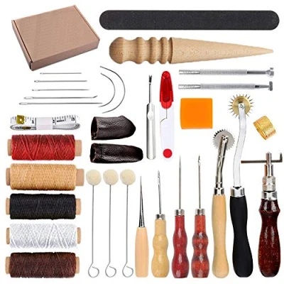 Immagine di HOSTK 33pc FAI DA TE In Pelle Craft Kit Mano Strumenti Set Per Cucire Cucitura Stampaggio Intaglio Accessori Artigianato Sella Ditale