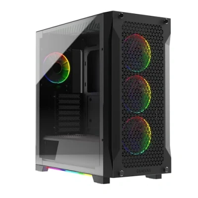 Immagine di GAMDIAS ATHENA P1 ATX Mid Tower Gaming PC Case, Vetro Temperato Laterale Senza Attrezzi, 4 Ventole ARGB 120 mm, Frontale per Flusso d&#039;Aria, Sincronizza con la Mobo, Illuminazione Inferiore, Nero