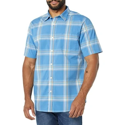 Immagine di Amazon Essentials Camicia in Popeline a Maniche Corte Slim Uomo, Blu Chiaro Arancione Motivo Scozzese, L