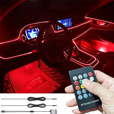 Immagine di TABEN Kit Luce Atmosfera Auto Sincronizzazione Musicale Multicolore RGB 16 Milioni di Colori 3 Metri Fibra Ottica USB Illuminazione Ambientale, Suono Attivo e Telecomando RF Wireless CC 12V