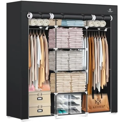 Immagine di KESSER® Armadio in tessuto stabile con asta appendiabiti e ripiani, include 5 grucce tessuto, per camera da letto, spogliatoio, guardaroba appendiabiti, 150 x 45 175 cm, nero