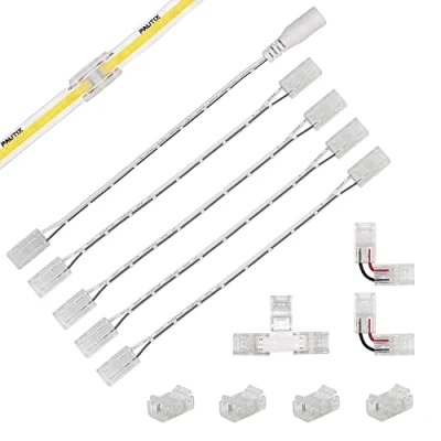 Immagine di COB LED Strisce Connettori per 2pin 8mm Striscia COB, 4 Intermedi Trasparenti, 2 a Forma di L, 1 T e cavi Prolunga Doppia Estremità da 15cm con Connettore Femmina CC