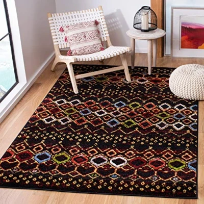 Immagine di SAFAVIEH Tappeto Boho per Soggiorno, Sala da pranzo, Camera letto Amsterdam Collection, A Pelo Corto, Nero e Multi, 155 X 229 cm