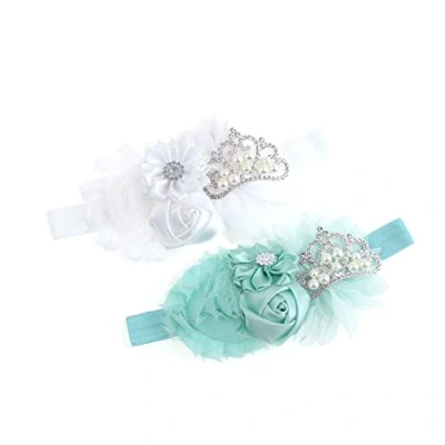 Immagine di Nishine Cerchietto per battesimo bambine, in tessuto, con fiori, tiara elastica, coppia, colore: bianco/menta