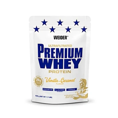 Immagine di Weider Premium Whey Protein, proteine in polvere di alta qualità con isolato siero latte per massa muscolare, ricche EAA, BCAA e L glutammina libera, ottima solubilità, Vaniglia Caramel, 500g