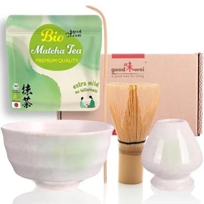 Immagine di Goodwei Matcha Set Tè Vert BIO Giapponese con Frusta di Bambù, Tazza e Portafrusta in Ceramica, Ciotola Artistica Confezione Regalo (Shiro)