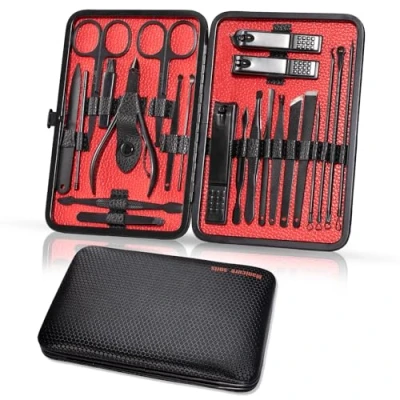 Immagine di Set Manicure Tagliaunghie 23 Pezzi Kit Professionale Portatile In Acciaio Inox Unghie con Custodia Pelle Inclusa per Donne Uomini viaggi o Casa, Nero Rosso