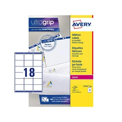 Immagine di Avery Addressing Labels Laser Jam free 18 per Sheet 63.5x46.6mm White Ref L7161 250 [4500 Labels]