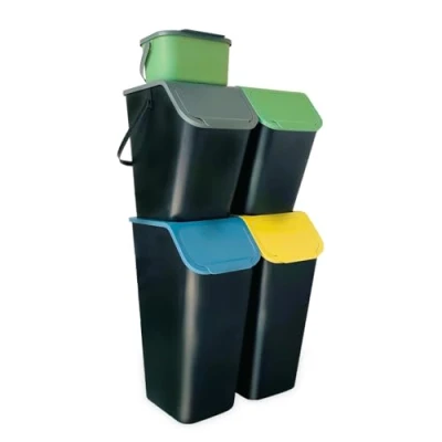 Immagine di Go Practic Set di 5 bidoni della spazzatura da cucina, 2 35 l con coperchio, 25 1 piccolo contenitore per rifiuti organici, impilabile, funzione