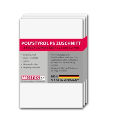 Immagine di Set di 3 lastre in polistirene bianco, DIN A4, plastica, con taglio PS, 21 x 29,7 cm, spessore 2 mm, per modellismo, architettura fai da te, mag_268