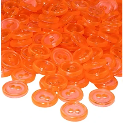 Immagine di AERZETIX C56360 Set di 100 Bottoni rotondi per cucito Ø11.5x2.2mm con 2 fori diametro apertura 2mm colore arancione neon trasparente in plastica hobby creativo decorazione cucire merceria