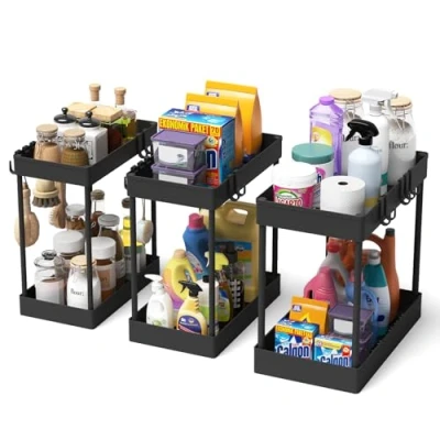 Immagine di Meltrck Organizer Sottolavello Cucina 2 Liveli con Ganci Antiscivolo, Set da 3 Portaoggeti Salvaspazio Multiuso perDetersivi e Accessori Bagno(Nero,3 Pezzi)