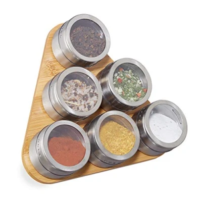 Immagine di Relaxdays Portaspezie, 6 Dosatori in Acciaio Inox, Spargispezie, Organizer bambù per Condimenti, da Tavolo, Naturale, Argento, Set 1 pz