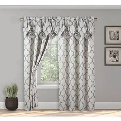 Immagine di Elegant Comfort Set di 2 tende a pannello effetto jacquard con mantovana cascata attaccata, 150 x 200 cm, motivo quadrifoglio, grigio argento