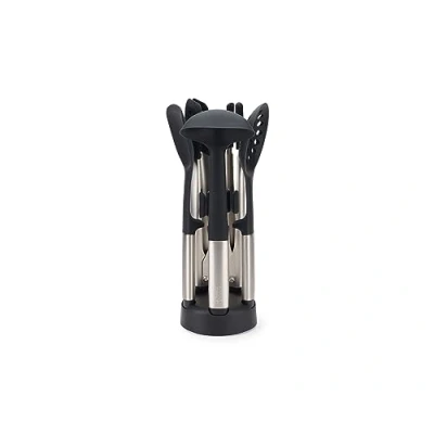 Immagine di Joseph Elevate Set di 5 Utensili Cucina, Accessori in Silicone, Mestoli, Cucchiai, Pinze, senza BPA, Antiaderenti, Resistenti al Calore, Manici Acciaio Inox, con Portautensili