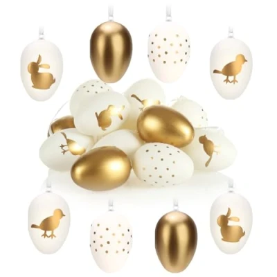 Immagine di com four® 16x Uova di Pasqua con Stampa Bianca/Dorata da Appendere Colorate Decorazione per Il Cespuglio Pasquale e Primaverile (16 Pezzi Oro/Bianco)