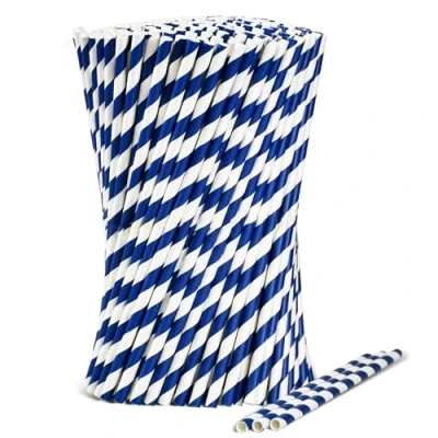 Immagine di Cannucce usa e getta in carta a righe blu, bianco, 1000 pezzi, 19,7 cm, diametro 0,6 100% biodegradabili