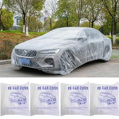 Immagine di Kasmole 4 Pezzi Copriauto Telo per Auto Copertura Impermeabile Universale Monouso Plastica Trasparente USA E Getta Pioggia Polvere del Garage Deposito Temporaneo