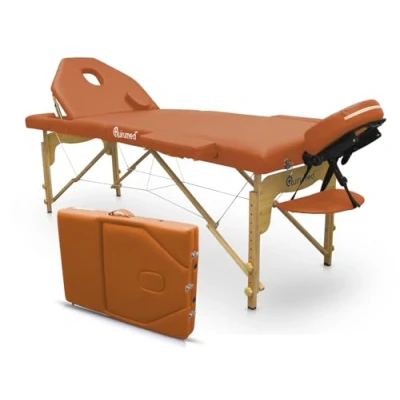 Immagine di QUIRUMED Elite Lettino da massaggio pieghevole in legno, colore arancione 194 x 70 cm, similpelle, portatile, schienale pieghevole, testa rimovibile, foro facciale, altezza regolabile, fino a 150 kg
