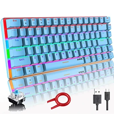 Immagine di tastiera meccanica, da gioco con cavo USB retroilluminato a LED arcobaleno AK33, compatta 82 tasti anti ghosting per giocatori e dattilografi (interruttore blu, blu)