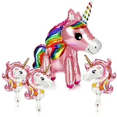 Immagine di com four® Set di Palloncini da 4 Pezzi unicorni con Palloncino Foil Unicorno in Due Dimensioni (Set 1x Grande + 3X Piccolo)