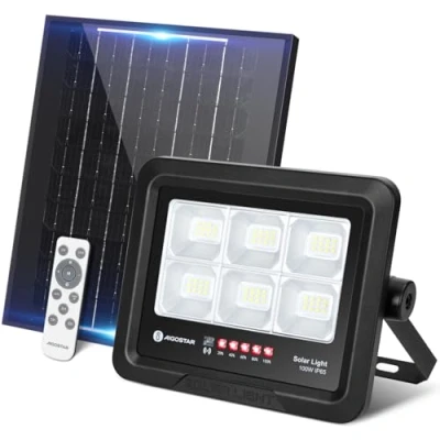 Immagine di Aigostar Faretto LED Esterno con Pannello Solare 100W, Luce Bianca 6500k. Telecomando. Grado di Protezione IP65, Faro Regola la Luminosità è Funzione Timer