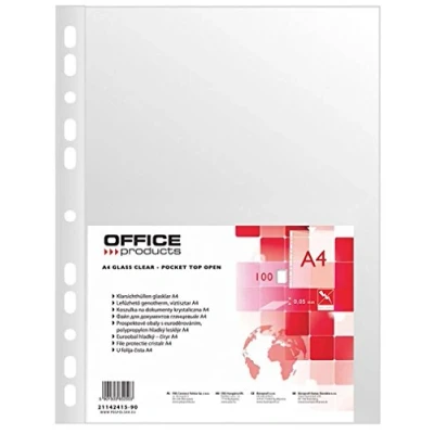 Immagine di OFFICE PRODUCTS Buste Trasparenti A4 / Confezione da 100 Din Cristallino/con apertura superiore Busta in plastica perforata per documenti Carte Cartelle Cartelle/PP/Trasparente 50 micron