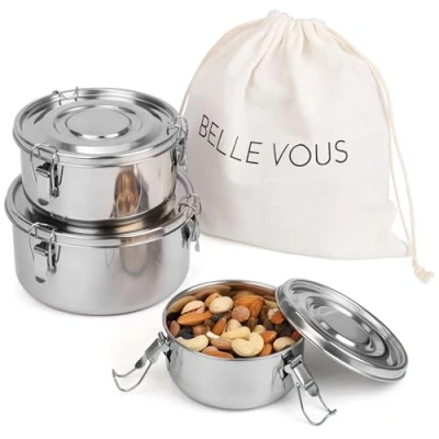Immagine di BELLE VOUS Lunch Box Set 3x Porta Pranzo Ermetico Contenitori Acciaio Inox Portapranzo Ermetici per Alimenti a Prova di Perdite Adatto Snack Frutta e Zuppe