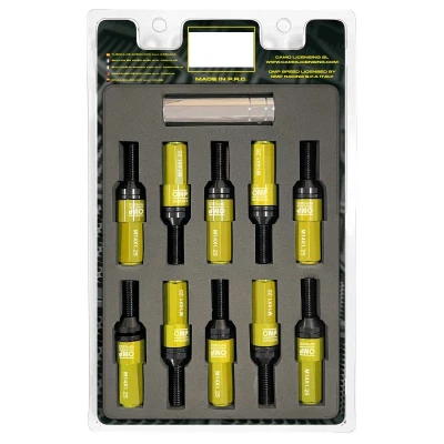 Immagine di OMP SPEED Set 20 Bulloni Ruota Neri con Chiave Filettata Lunga Metrica M14X1.25 17 19 da 28MM Protezione in Alluminio Giallo 7075 + DIN 12.9