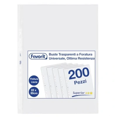 Immagine di Favorit Buste Perforate, Lucide, Alto Spessore, 22 x 30 cm, 200 Pezzi, Trasparenti