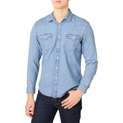 Immagine di Amazon Essentials Camicia in Denim a Maniche Lunghe Slim Uomo, Blu Chiaro, L