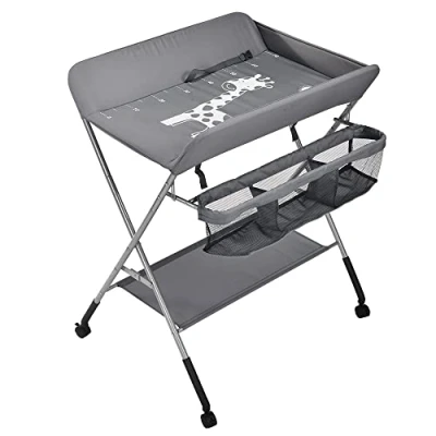 Immagine di OHMG tavolo per pannolini pieghevole con cesto portaoggetti, fasciatoio portatile, cintura di sicurezza e ruote, regolabile in altezza, ferro (A Grigio scuro(2))