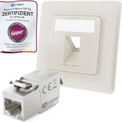 Immagine di hb digital presa di rete CAT 6a a 1 porta da incasso RAL9010 + modulo Keystone RJ45 LAN Ethernet per 5e 6 max. 10 Gbps STP bianco puro